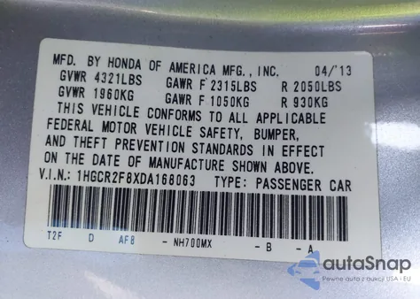 2013 Honda Accord Ex-L from USA, damaged, VIN 1HGCR2F8XDA168063